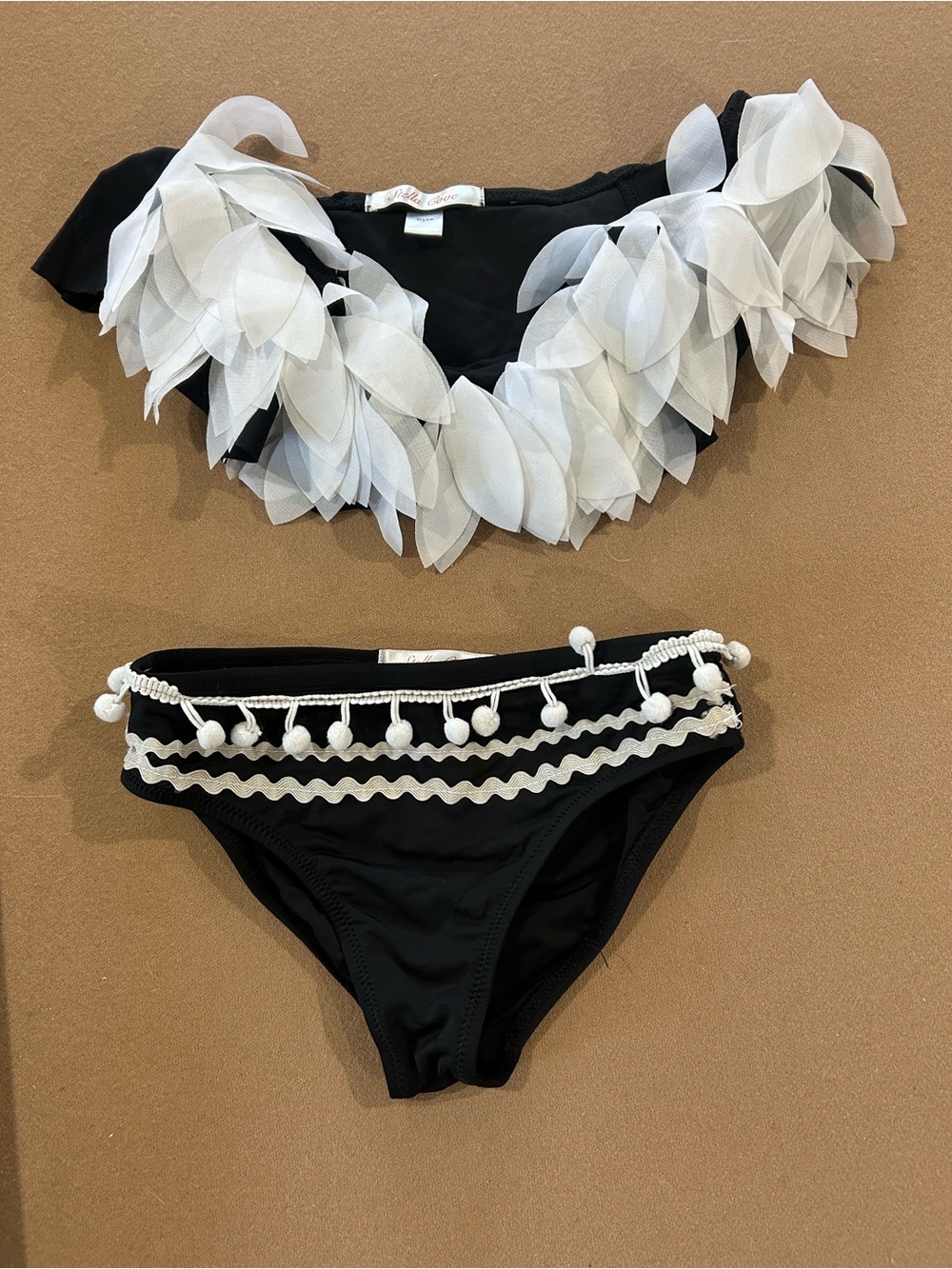 Stella Cove Black Bikini with White Leaf Appliqué and Pom-Pom Trim